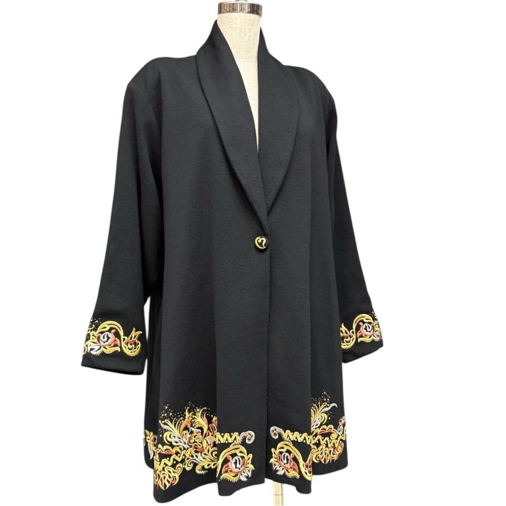 Vintage Diane Freis Black Embroidered Merino Wool Swing Coat L/XL Merino Wool